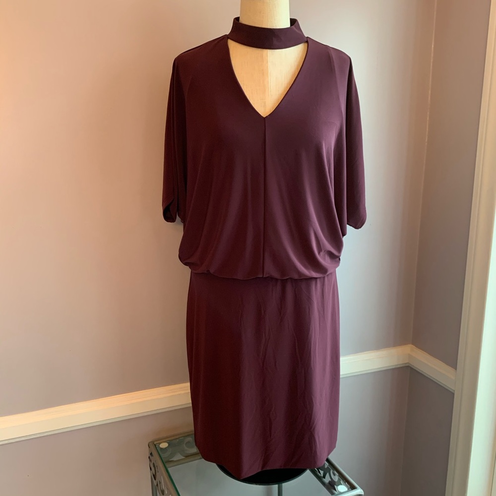White House Black Market dolman sleeve matte jersey V neck choker neck dress